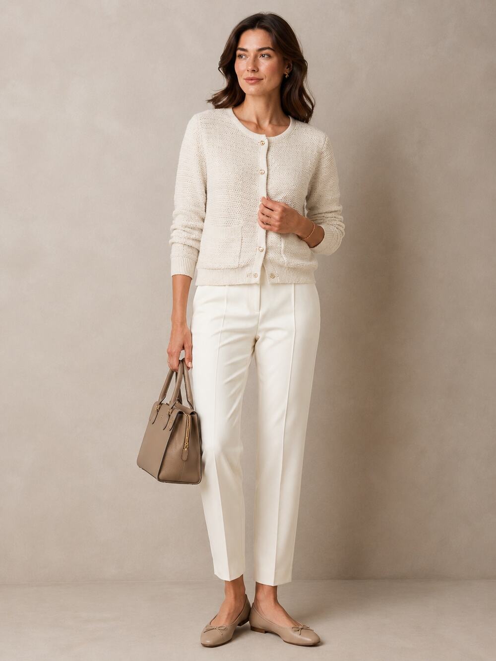 Lillusory Cream Textured Knit Cardigan Gold Button Pocket Sweater Large